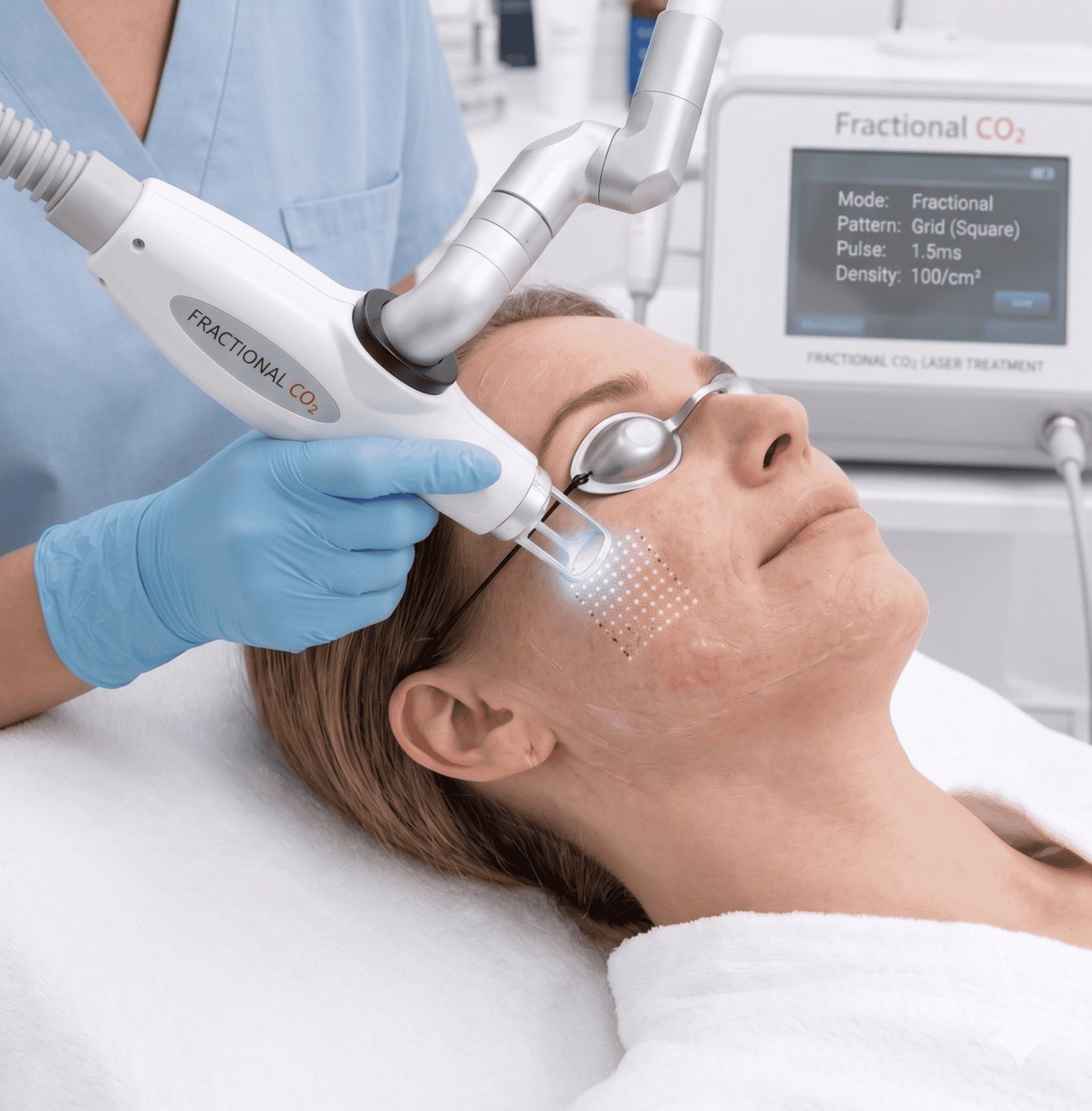 Fractional CO2 laser treatment in Dubai at Silk Clinics Dubai Healthcare City — clinician in blue gloves performing fractional CO2 laser skin resurfacing on a female patient's cheek for acne scar reduction, wrinkle smoothing and collagen remodelling, with the Fractional CO2 laser console displaying grid pattern, 1.5ms pulse and 100/cm² density settings