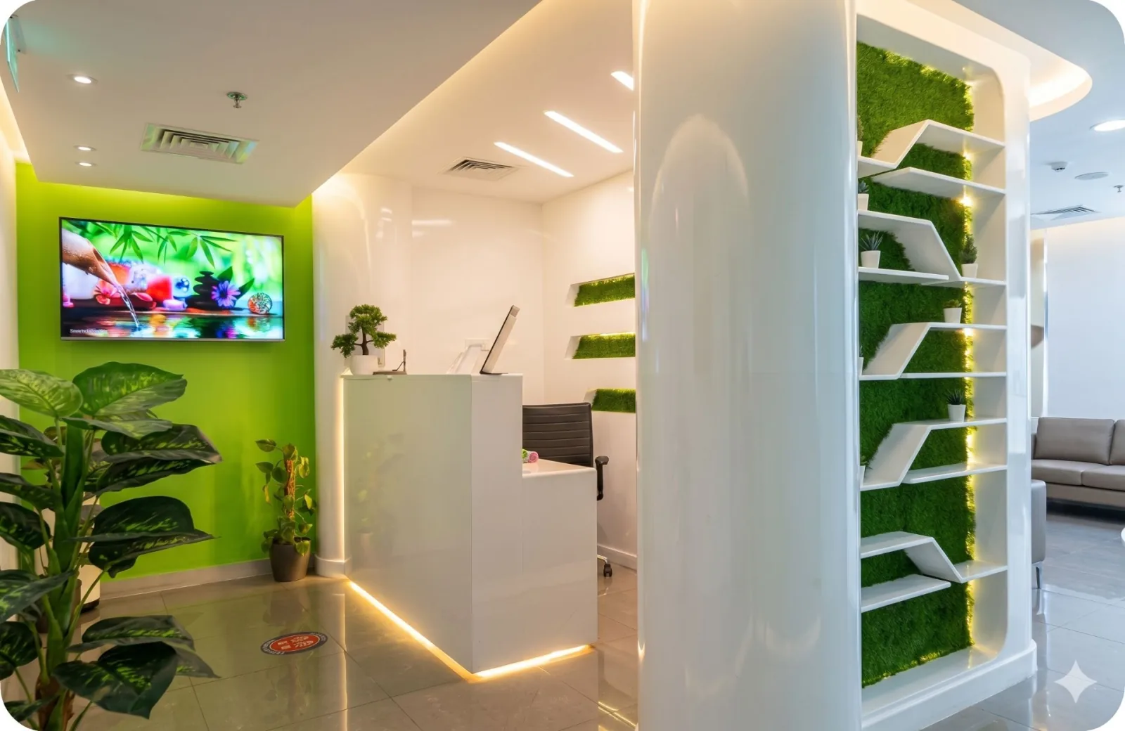 Silk Clinics Dubai Healthcare City reception — modern, bright aesthetic and medical clinic interior with green living wall